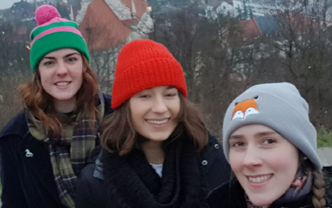 Three students take a selfie in Lublin, Poland