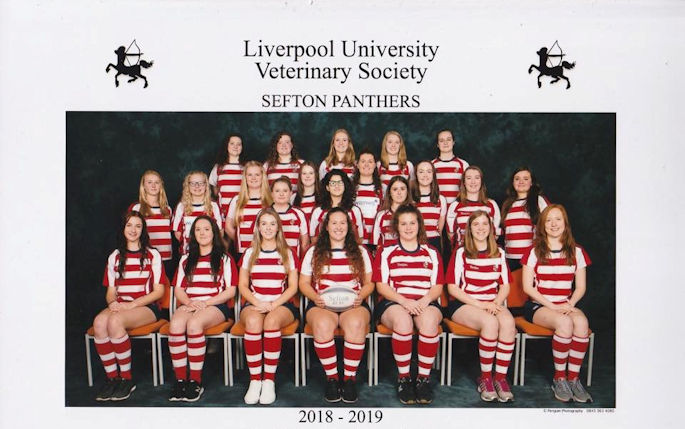 Team photo of the Veterinary Women's Rugby Team the Sefton Panthers