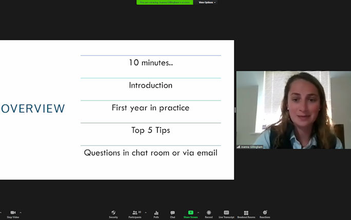 Screenshot of Joanna Gillingham presenting on the Zoom Careers Corner event. The screen is split between a powerpoint and an image of Joanna 