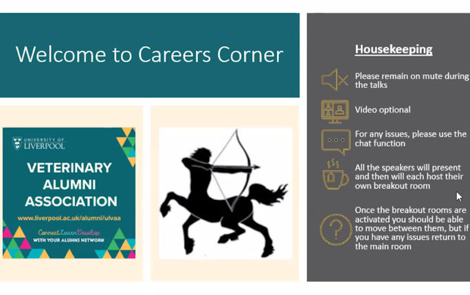 Image of a PowerPoint slide welcoming attendees to Careers Corner event