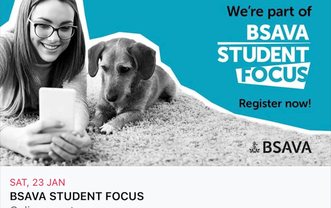 An advert for an online event with a turquoise background and a black and white photograph of a woman and a dog