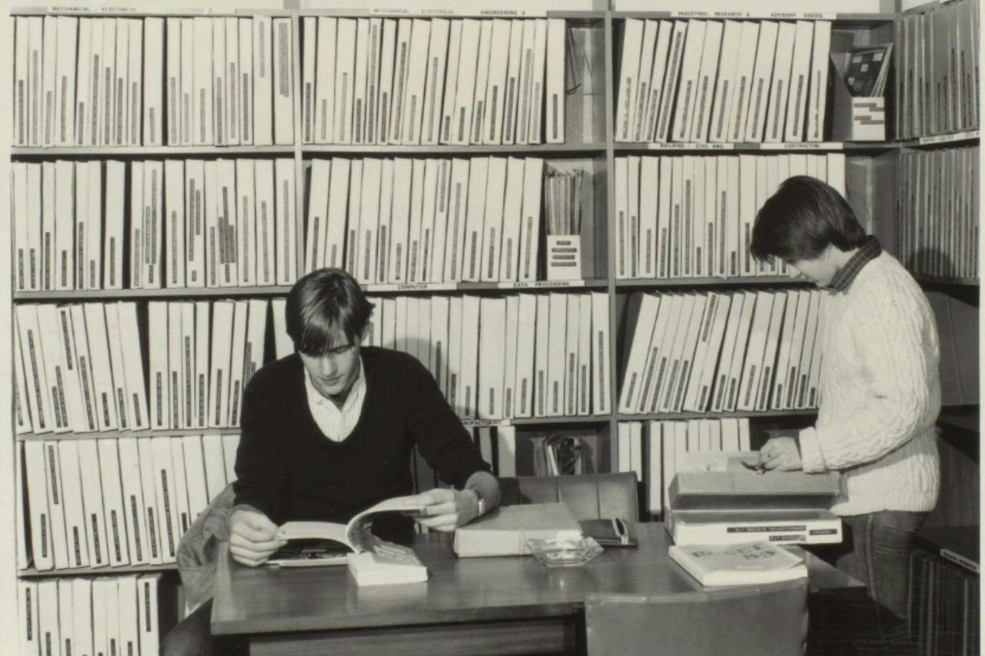 Photograph of students using the Career Service, c. 1980s