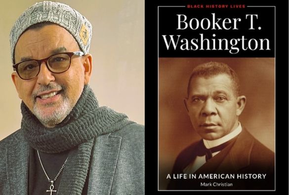 Alumnus Dr Mark Christian on the left and the cover of his book about Booker T Washington on the right