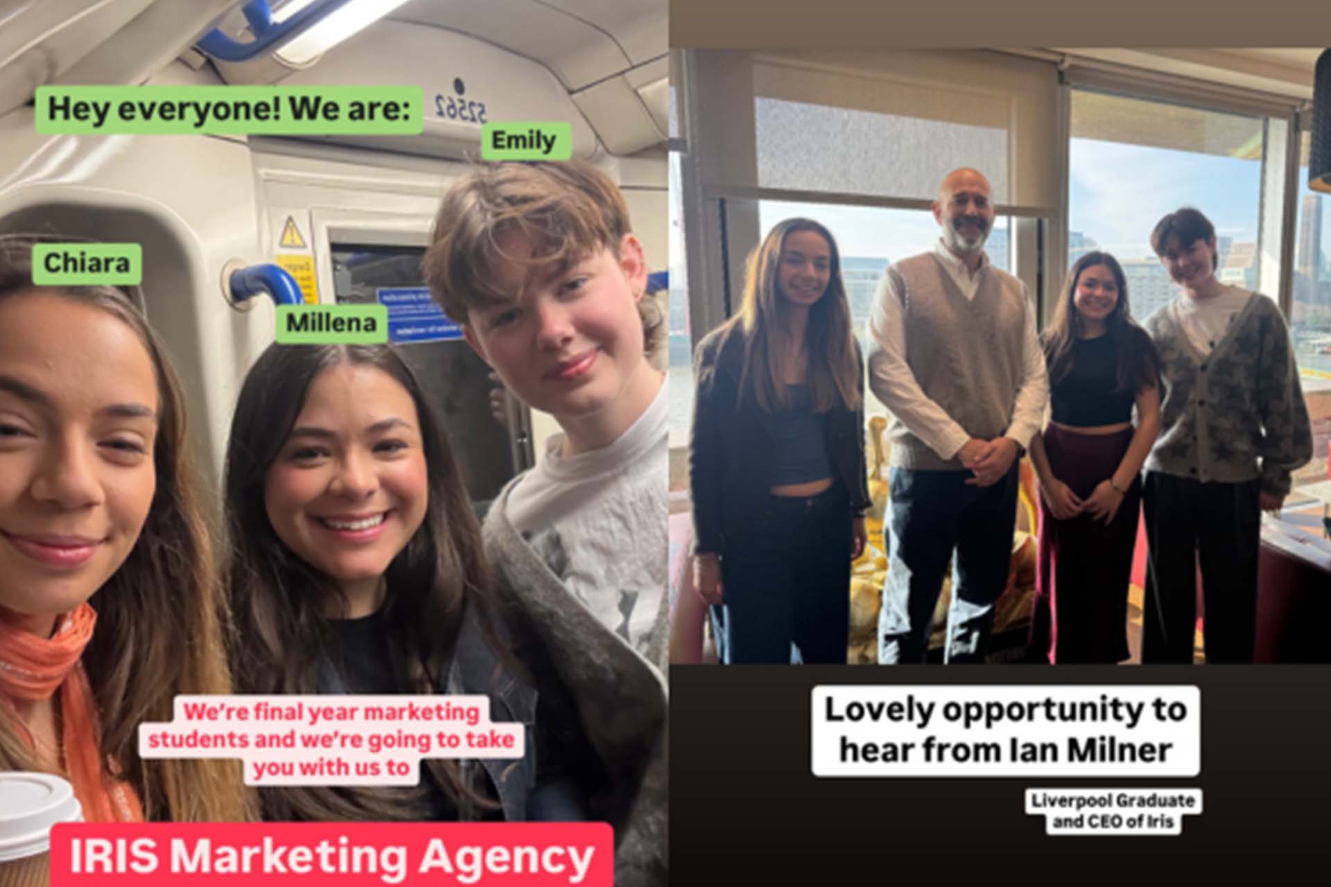 screengrabs of an Instagram story featuring students on a trip to an agency