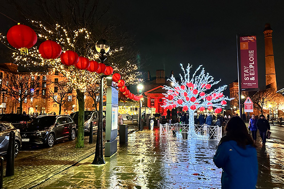 A waterfront with colour lights and lanterns on the trees