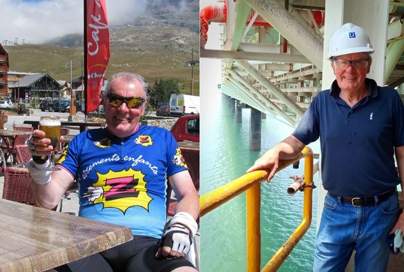 Right image shows John in Alp d'Huez and left image shows John working on an offshore site