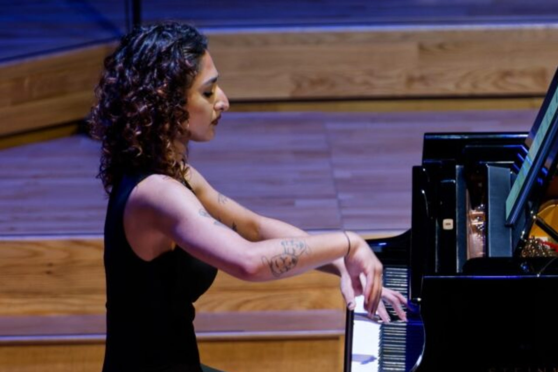 Image of a person playing a piano at a concert