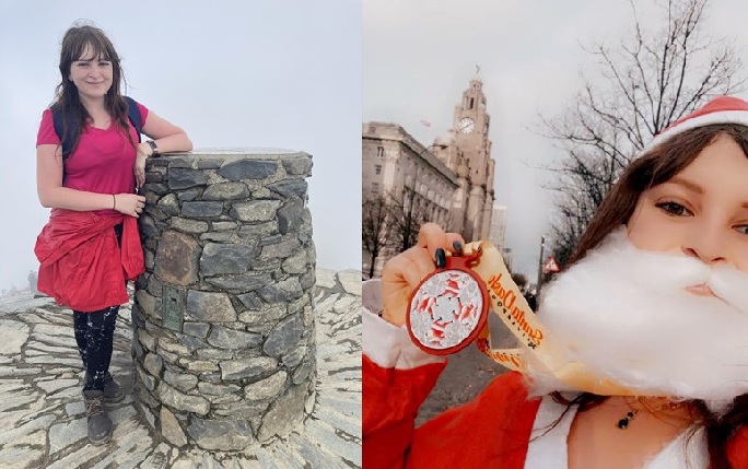 Nicola Deeley at the top of Snowdon and after completing the Liverpool Santa Dash