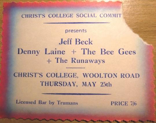 Ticket for Jeff Beck gig at Christ's College from May 1967