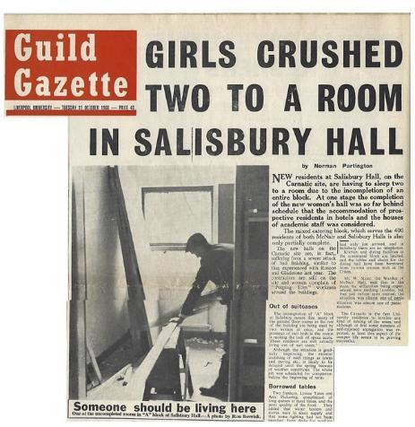 Guild Gazette clipping with headline that reads: Girls crushed two to a room in Salisbury Hall