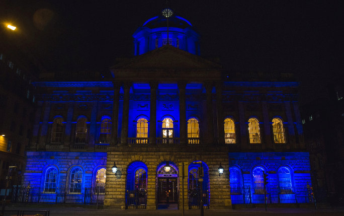 The Liverpool Town Hall lit up in blue in the evening for the Vet Ball