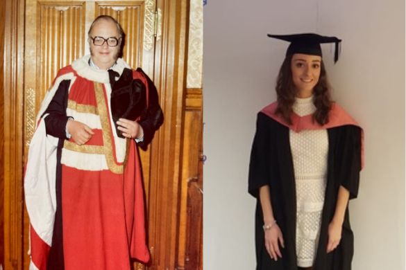 Left shows Lord Gruff Evans of Claughton in his ceremonial robes and right shows alumna Lucy Johnson in graduation robes